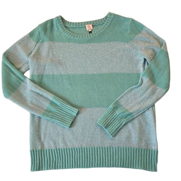 Qi Womens Striped Sequin Embellished Wool Blend Knit Pullover Sweater Aqua Small - Picture 3 of 11